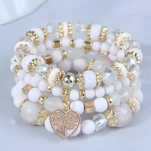Bohemian multilayer beaded bracelet with white frosted beads and heart tree pendant
