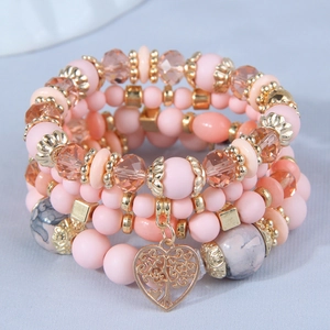 Bohemian multi-layer elastic beaded bracelet set with pink crystals and tree of life heart pendant