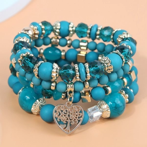Bohemian multi-layer turquoise beaded bracelet with golden tree of life heart charm
