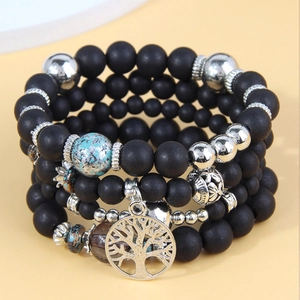 Multi-layered frosted black bead bracelet set with silver tree of life charm and turquoise