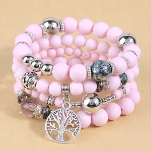 Pink frosted bead multilayer bracelet with a silver tree of life charm and vintage beads