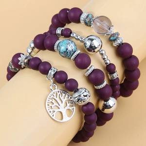 Multi-layer beaded bracelet with matte purple beads and silver Tree of Life charm