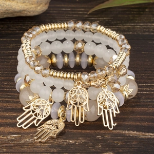 Bohemian Layered Beaded Bracelet Alloy Glass Wood Hamsa Hand Pendant Elastic Ethnic Style Jewelry For Women