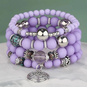 Damen Boho Mehrlagiges Perlenarmband Legierung Lebensbaum Anhänger Matte Frosted Harzperlen Ethno Stil Elastischer Schmuck