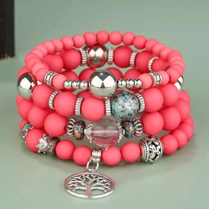 Böhmisches mehrlagiges Armband-Set mit rosa matten Perlen und Lebensbaum-Anhänger