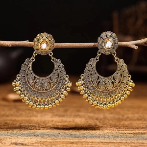 Retro Alloy Rhinestone Drop Earrings Ethnic Bohemian Hollow Filigree Jhumka Style For Women