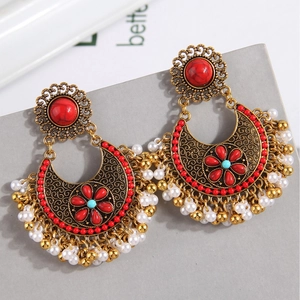 Vintage Bohemian Alloy Earrings With Faux Artificial Pearl Tassel Ethnic Hollow Crescent Moon Drop Jewelry For Women