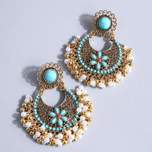 Bohemian vintage gold fringe earrings with turquoise accents and white faux pearls