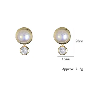 Vintage gold drop earrings with white pearls and round clear zircons, 25mm height