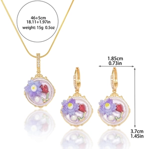 Baroque style jewelry set with enamel flower pendants and freshwater pearls details