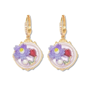 Baroque style gold flower earrings with natural freshwater pearls and zircon accents