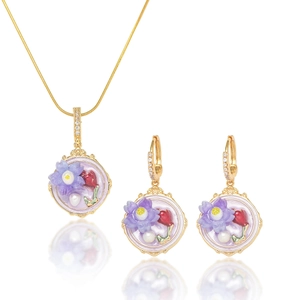 Vintage Floral Jewelry For Women Purple Flower Freshwater Pearl Titanium Steel Necklace And Earrings French Baroque Style
