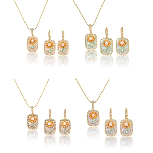 Collier Et Boucles D'oreilles Tournesol Émail Süßwasserperle Bijoux Rétro Style Français Acier Titane Strass Pour Femme