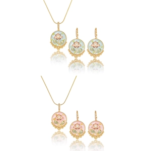 Vintage Enamel Flower Necklace And Earrings Freshwater Pearl Floral Pendant Gold Plated Titanium Steel Jewelry For Women