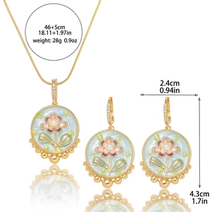 Garden floral jewelry set with freshwater pearls and blue enamel flower pendants