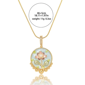 Detail of flower enamel necklace pendant with dimension labels 46+5cm and 11g weight