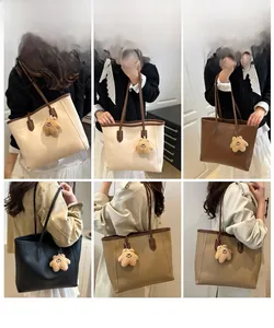 Multiple views of large capacity faux leather tote bags with cute bear pendant detail