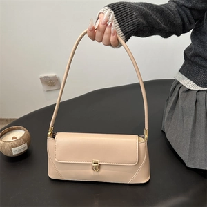 Baguette Bag Retro Minimalist PU Leather Underarm Shoulder Bag With Gold Metal Lock Flap Closure For Women Fashion