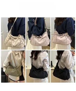 Multiple views showing lightweight pleated crescent bag with bow drawstring details