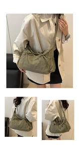 Detail of army green nylon crossbody bag with chic pleated design and bow accents