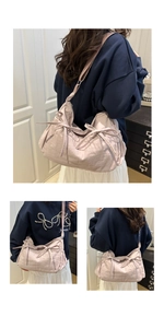 Detail of light purple tote bag featuring drawstring bow design and soft pleated fabric