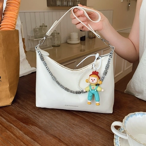 Women PU Leather Underarm Shoulder Bag Fashion Hobo Handbag With Metal Chain And Cartoon Pendant Large Capacity Crescent