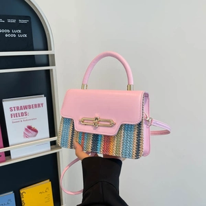 Women's Fashion PU Leather Woven Patchwork Shoulder Bag Contrast Color Stripe Square Handbag With Adjustable Strap