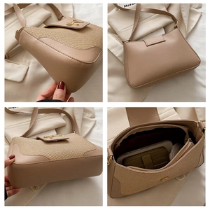 Detail view of woven saddle bag showing leather trim, golden K buckle and interior capacity