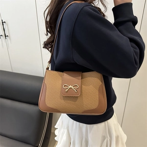 Retro bow baguette bag in brown leather and woven texture for women's daily commute