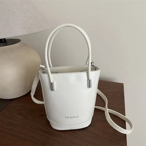 Minimalist Solid Color PU Leather Bucket Bag For Women Fashion Print Handheld Crossbody Shoulder Bag Adjustable Strap