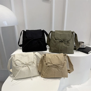 Women Fashion Nylon Crossbody Bag Small Design Bowtie Ribbon Detail Large Capacity Tote Bag Summer Solid Color Shoulder Bag
