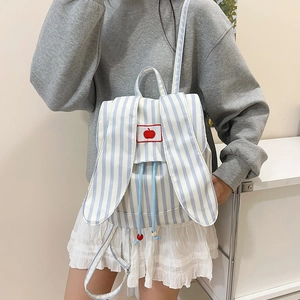 Striped canvas backpack with cute rabbit ears and red apple embroidery for women
