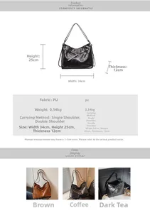 Detailed size specifications and three color options for the vintage PU leather tote bag
