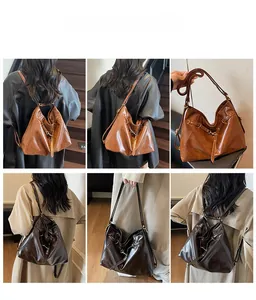 Multiple views of a versatile vintage brown tote bag shown in various carrying styles