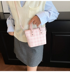 Model wearing a small pink and white checkered crossbody bucket bag with FASHION lettering
