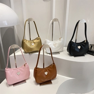 Women's Niche Design PU Leather Underarm Bag Fashion Solid Color Half Moon Shoulder Bag With Heart Bow Metal Hardware Decoration