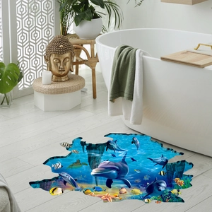 3D ocean dolphin floor decal mural with marine life underwater effect for bathroom decor