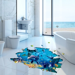 3D ocean dolphin floor decal sticker with coral reef for bathroom floor decoration