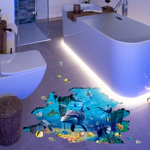 Detailed 3D ocean world floor sticker with dolphins and coral in a modern bathroom
