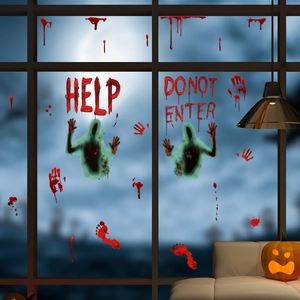 Stickers de fenêtre Halloween avec empreintes de mains sanglantes et silhouettes de fantômes