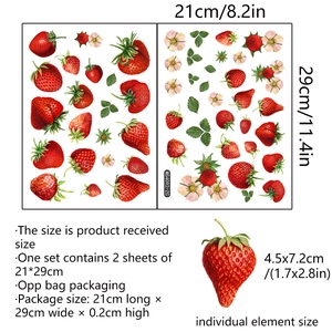 Set of 2 realistic strawberry wall stickers with flowers and green leaves, 21x29cm size