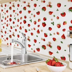 Fresh strawberry wall decals with green leaves for kitchen backsplash decoration
