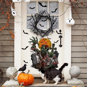 Halloween zombie hand wall sticker on a white door with bats and a full moon backdrop