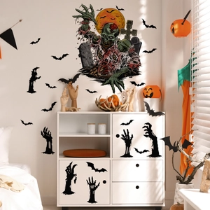 Halloween wall decals featuring zombie hands and bats on living room furniture