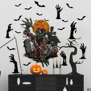 Halloween wall sticker set featuring zombies, bats, and moon for spooky home decor