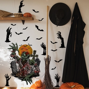 Halloween wall decals set with zombie hand, bats and pumpkins in a cozy room