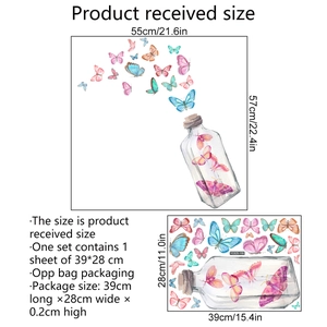 Luminous colorful butterfly glass bottle wall stickers for kids room decor, 55x57cm effect