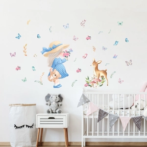 Cartoon girl and deer wall decals for kids room decoration with colorful butterflies