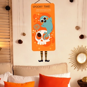 Detail of Halloween spooky time wall hanging with ghost and pumpkin pattern decoration