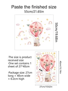 Size chart showing cartoon elephant balloon window sticker dimensions and final wall display